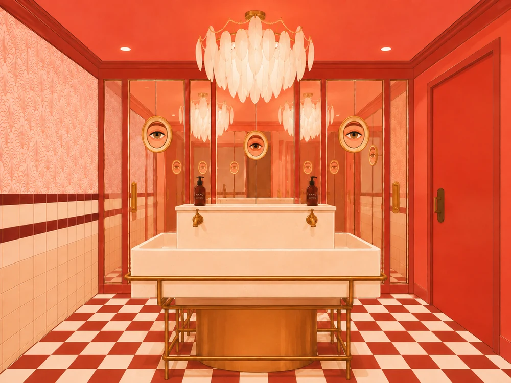 Illustrated restroom: feather chandelier, brass sink, red checkerboard floor